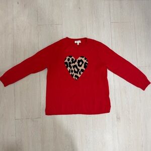Red Cashmere Sweater with Leopard Heart Design